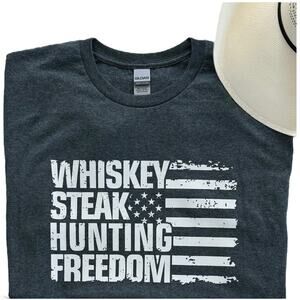 Whiskey, Steak, Freedom Men’s Large Gray T-Shirt Short Sleeve
